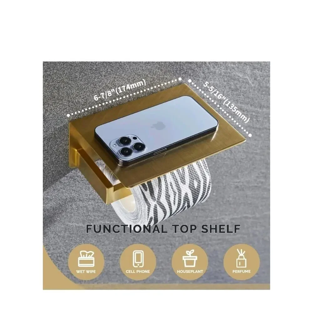 Stainless Steel Toilet Paper Holder with Shelf Brushed Gold Wall Mount 2 Pack s1